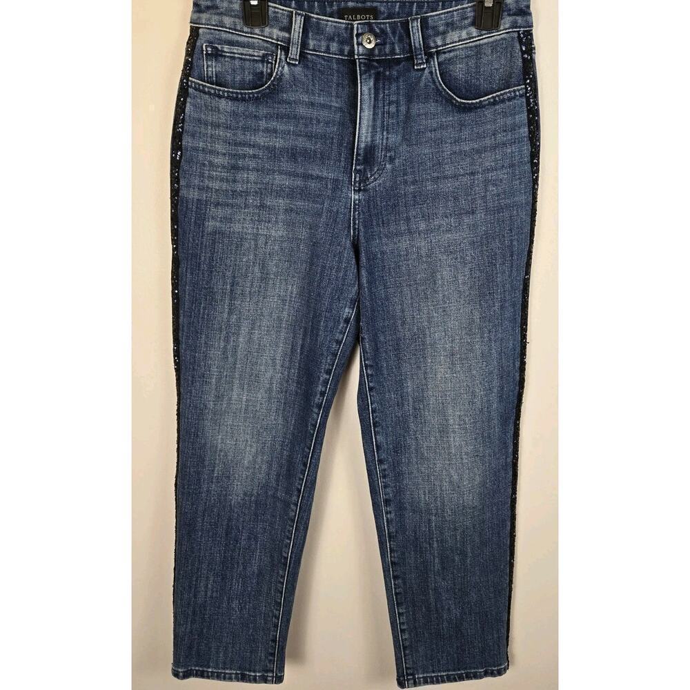 Talbots Jeans 8 Petite Blue Sparkle Side Strip High Rise Straight Ankle Pockets